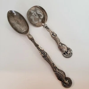 Vintage Pewter Serving Spoon Spatula Bird theme handle Turkey Rooster Tarnished - Picture 1 of 7
