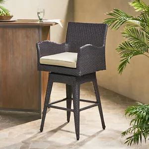 1Set Rattan Swivel Barstools Bar Height Patio Outdoor Chairs Bar Stools +Cushion - Picture 1 of 13
