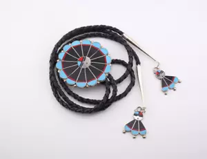 Handcrafted Zuni Sun Face Inlay Bolo Tie Native American Sterling Silver Signed - Picture 1 of 9