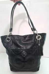 Pre Owned Coach 14265 Black Patent Leather Alex Stitched Handbag Purse - Picture 1 of 11