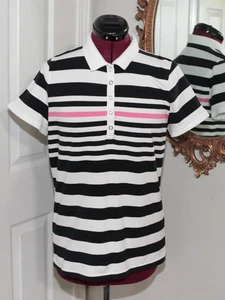 Lauren Ralph Lauren White Black Pink Stripe Cotton Knit Polo Shirt Sz L - Picture 1 of 7