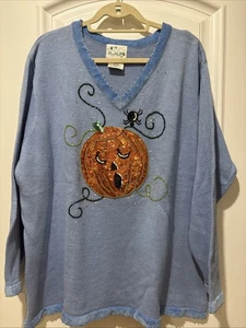 The Quacker Factory Women's Blue Sweater w Sequin Pumpkin Fall Halloween 2X NWOT - Picture 1 of 17