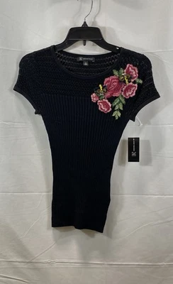 Blusa tejida manga corta bordada floral negra INC para mujer talla XS NUEVA CON ETIQUETAS Foto 1 de 4