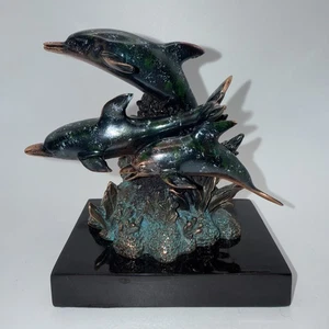 Three Dolphins Swimming By Coral Reef Figurine Deep Blue w/Copper Accent 5” READ - Picture 1 of 15