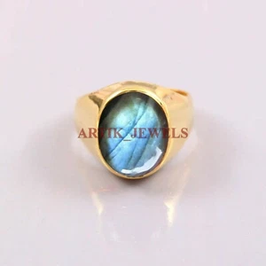 Anillo para hombre de plata de ley 925 chapado en oro con piedras preciosas de labradorita natural #4757 - Imagen 1 de 4