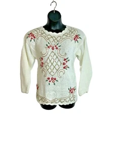Colleens Collectibles Sz 1X  Handmade Knit Sweater Ivory Pink Grandma ET400 - Picture 1 of 12