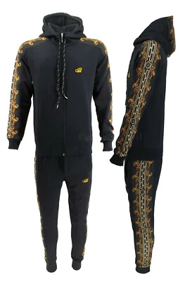 Mens TIM Baroque Print Side Tape Matching Tracksuit Zipper Hoodie Joggers Sets - Image 1 of 4