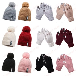 Cap & Golves Women Knitted Bobble Hat Ladies Kids Beanie Warm Winter Pom Woolly - Picture 1 of 37