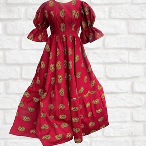 Handmade Red Yellow Paisley African Dutch Wax Puff Sleeve Ball Gown UK 12/14 - Picture 1 of 4