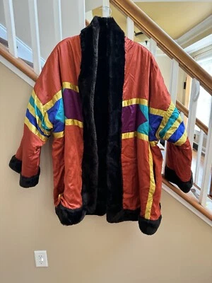 Ann Tjian Kenar Reversible Faux Fur West Geometric Satin L Cocoon Coat Vintage - Image 1 of 4
