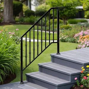 Wrought Iron Handrail Picket Stair Rail for 3-4 Step Handrail Outdoor Stairs - Picture 1 of 8