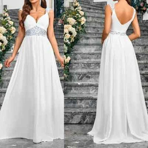 Sexy Vestido Largo de Noche Plisado Cintura Alta con Correa de Espagueti Blanco Brillante Satén - Imagen 1 de 12