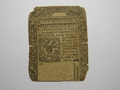 1775 Five Shillings Hartford Connecticut CT Colonial Currency Note Bill 5s - Image 1 of 2