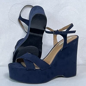 Zara Faux Suede Chunky Platform Y2K Wedge Sandal Strappy Open Toe US Sz 8.5 Blue - Picture 1 of 22