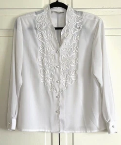 VINTAGE 80s WHITE CHRISTIE & JILL BLOUSE size 12P FITS MEDIUM with SHOULDER PADS - Picture 1 of 4