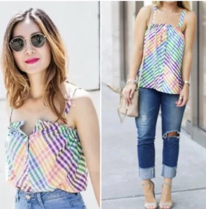 J Crew Tank Top Women's  2 Rainbow gingham button front top Boho  NWT - Picture 1 of 12