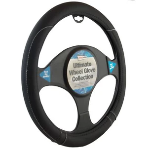 Steering Wheel Cover Black Leather Effect Universal Fitting With White Stitching - Picture 1 of 1