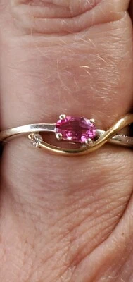 Pink Sapphire Created Oval Cut & Diam Ring 2 Tone 10kt Solid White& Yellow Gold  - Image 1 of 4