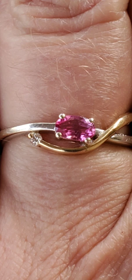Pink Sapphire Created Oval Cut & Diam Ring 2 Tone 10kt Solid White& Yellow Gold  - Image 1 of 4