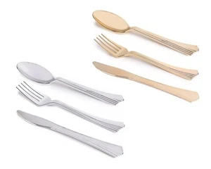 600 PCS Shiny Metallic Groove Disposable Plastic Cutlery Set - Spoon Fork Knife - Picture 1 of 12