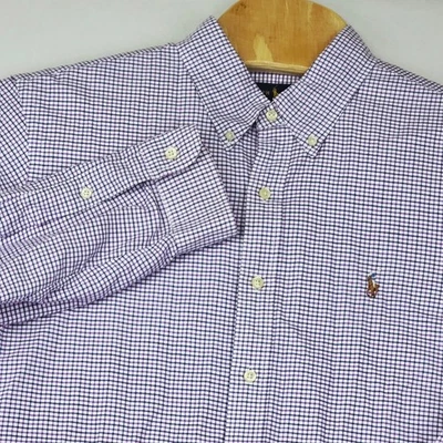 Ralph Lauren 男式衬衫 XL 定制合身格子格子紫色纽扣 — 第 1/4 张图片