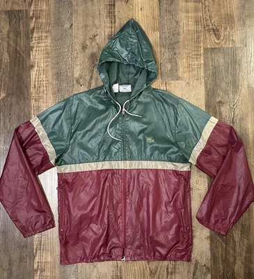 Vintage IZOD Lacoste Colorblock Nylon Windbreaker Jacket Hooded Green Burgundy M - Image 1 of 4