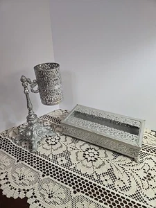 Vtg. Hollywood Regency Dixie Cup Dispenser & Tissue Box Cover Silver Tone Metal - Picture 1 of 15