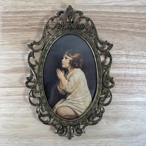 VTG Heavy Ornate Brass Framed Glass Praying Girl Religious Spiritual Made Italy - Picture 1 of 6