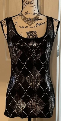 Y2K Express Black Silver Sequin Embellished Argyle Print Sleeveless Tank Top Med - Image 1 of 4