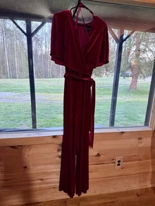 Alex Marie Beth Velvet Jumpsuit Crimson Red Cape Sleeve Size 14 - Picture 1 of 6