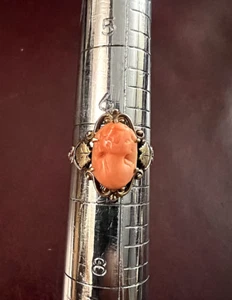 Vintage 14k Yellow Gold Coral Cameo Ring Size 6.5 💗 - Picture 1 of 6