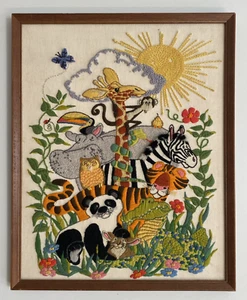 Vtg Framed 70s Animal Kingdom Lg Crewel Embroidery Completed Creative Dim. #1135 - Picture 1 of 15
