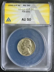 ANACS 1943/2 P AU50 JEFFERSON WAR NICKEL Overdate 5c FS-101 Scarce Mint Error A1 - Picture 1 of 2