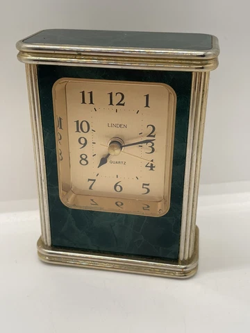 Vintage Linden Quartz Brass w/ Green Marble Design Alarm Clock Taiwan works Cover