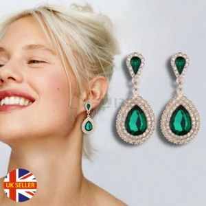 Pear Shaped Teardrop Green Cubic Zirconia CZ Crystal Gem Long Dangle Earrings - Picture 1 of 12