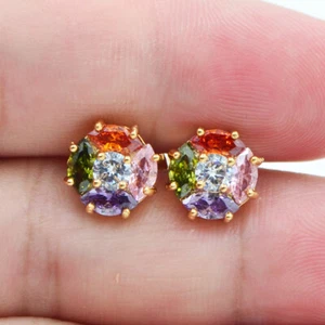 18K Yellow Gold Filled Women Round Multicolour Mystic Topaz Stud Earrings - Picture 1 of 2