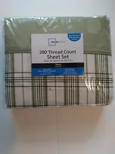 NEW TWIN MAINSTAY 200 THREAD COUNT FITTED SHEET GREEN PLAID SET 14" DEEP - Picture 1 of 4
