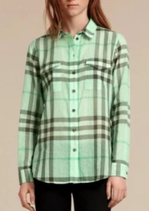 Authentic BNWT BURBERRY Check Cotton Shirt/Blouse Womens Small Bright Opal Green - Picture 1 of 15
