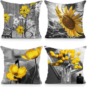 Okasion Set of 4 18x18 Flower Throw Pillow Covers ONLY Yellow Gray Black Decorat - Picture 1 of 7