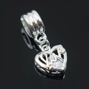 Openwork LOVE Heart & Jewel European Charm With Pink Gift Pouch - Silver Tone - Picture 1 of 4