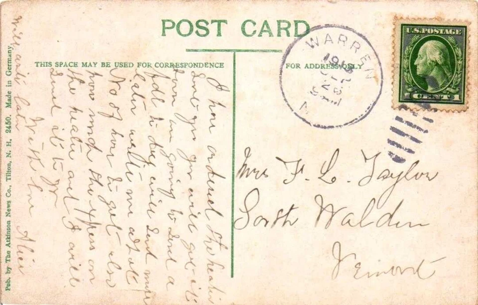 1913 WARREN NH, FANCY CANCEL on LINEN postcard WINNIPESAUKEE NH - Image 1 of 2