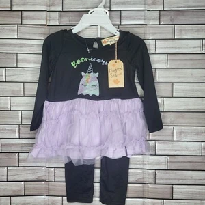 New Toddler 4T Halloween Outfit Long Sleeve Black Dress Shirt Unicorn Top Bottom - Picture 1 of 10
