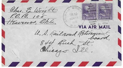 US Prexie  Sc# 842 (2) coil join line pair, R.P.O. TR 10 ,1951 to Chicago ,Ill - Image 1 of 2