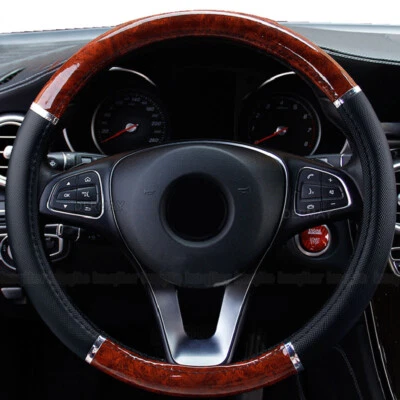 15" Universal Car Steering Wheel Cover Microfiber Leather Wood Grain Accessories - Image 1 of 4