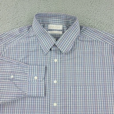 Roundtree & Yorke Gold Label Shirt Mens 17 35 Blue Red Plaid Fitted Non Iron - Image 1 of 4