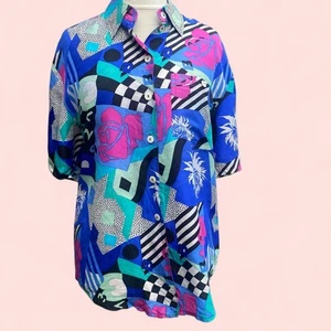 Vintage 80s Betty Barclay 100% Silk Neon Geo Pop Art Statement Blouse Size 12 - Picture 1 of 3