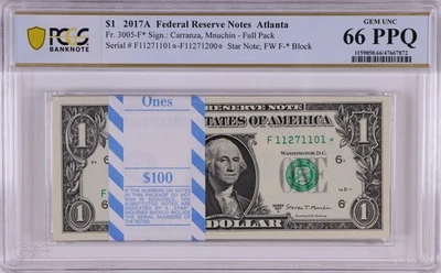Repear PACK 2017A (100) CONSECUTIVE STAR NOTES $1  PCGS 66 GEM UNC  - Image 1 of 2