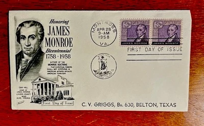 UNITED STATES JAMES MONROE AUTHOR OF MONROE DOCTRINE FDC 1958 SC#1105 NSA - Image 1 of 2