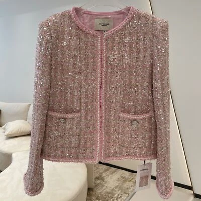 Autumn New French Fragrant Sequin Jacket Tweed Pink White Crew Neck Coat Sz - Image 1 of 4