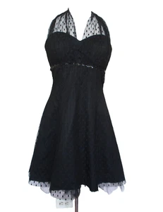 Vintage Kiki Halter Dress Medium Women Black Polka Dot Lace Fit & Flare - Picture 1 of 5
